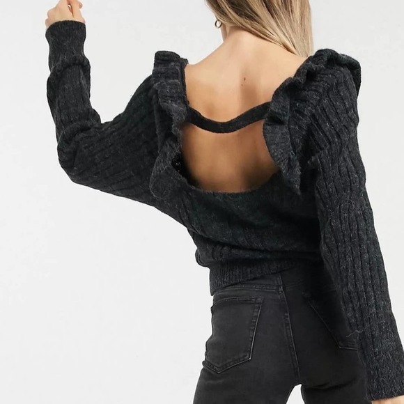 Topshop Sweaters - 𝅺TOPSHOP Open Back Long Sleeve Ruffle Square Neck Rib Knit Sweater Grey